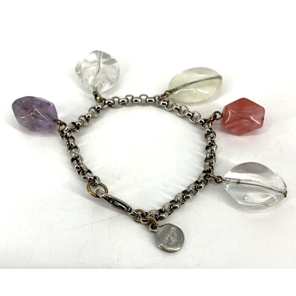 BEN AMUN Vintage Silver Tone Polished Stones Crystals Charm Link Bracelet - Picture 2 of 8